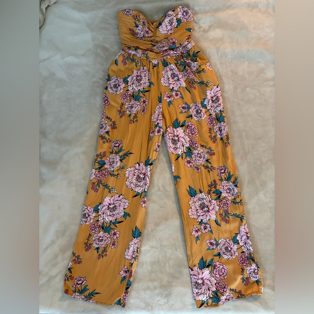 Band of Gypsies Mustard Floral Wide-Leg Jumpsuit Pants with Pink Blossoms